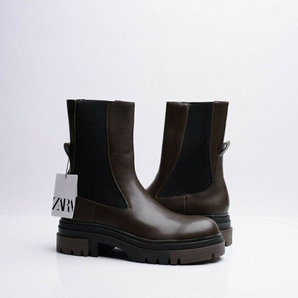 Zara Womens Chelsea Khaki Leather Ankle Boots Lug Soles EU 38 US 7.5 1176/810 - Picture 2 of 10
